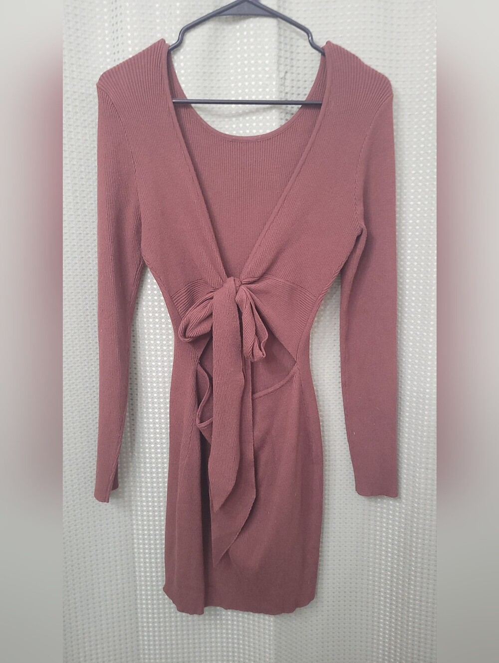 Brown Ribbed Tie Front Cutout Mini Dress Size M - Picture 2 of 2